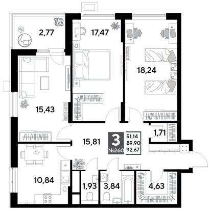 Продажа 3-комнатной квартиры 92,7 м², 22/25 этаж