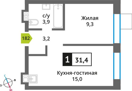 Продажа 1-комнатной квартиры 31,4 м², 2/9 этаж