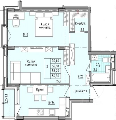 Продажа 2-комнатной квартиры 59,3 м², 15/26 этаж