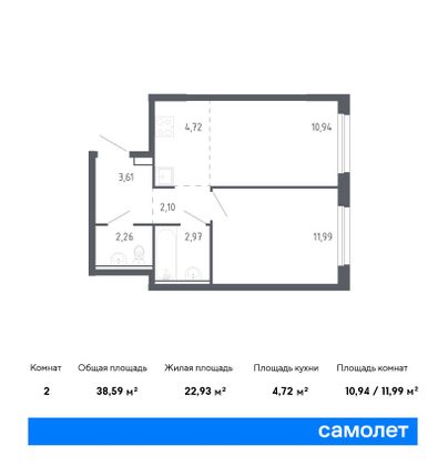 38,6 м², 1-комн. квартира, 22/24 этаж