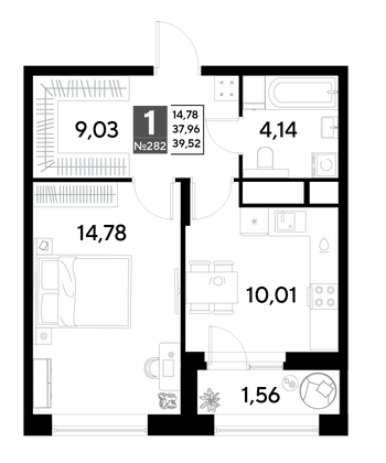 Продажа 1-комнатной квартиры 39,5 м², 23/25 этаж