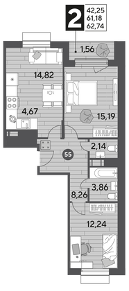 Продажа 2-комнатной квартиры 62,7 м², 4/9 этаж