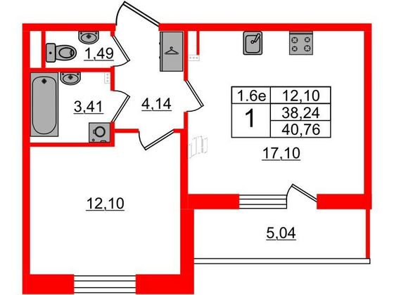 Продажа 1-комнатной квартиры 38,2 м², 2/5 этаж