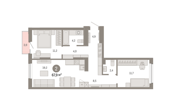 67,9 м², 2-комн. квартира, 2/9 этаж