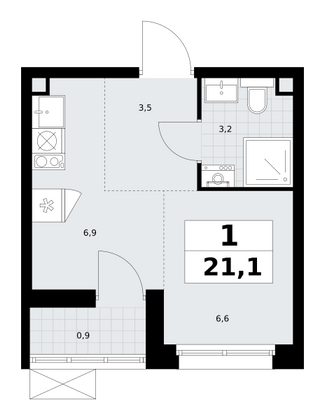 21,1 м², своб. планировка, 2/9 этаж