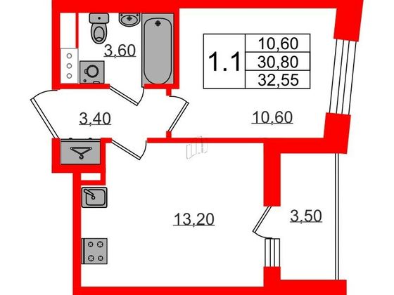 Продажа 1-комнатной квартиры 30,8 м², 2/12 этаж