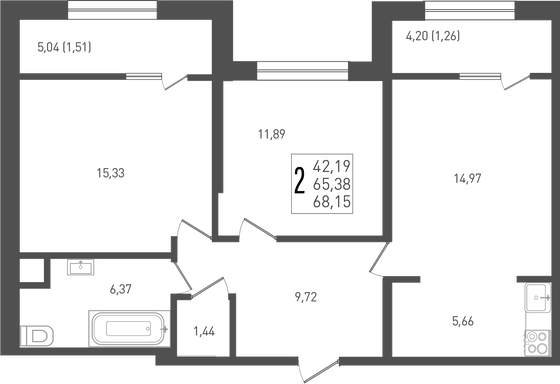 68,2 м², 2-комн. квартира, 1/9 этаж