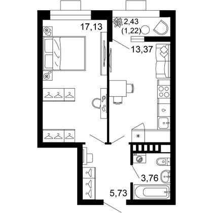 41,2 м², 1-комн. квартира, 2/10 этаж