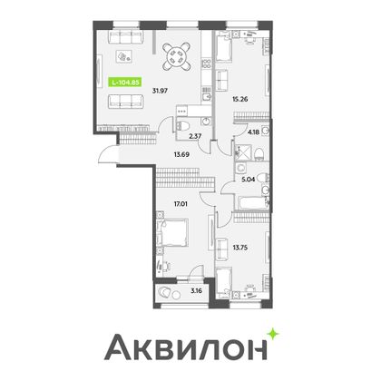 104,8 м², 3-комн. квартира, 2/12 этаж