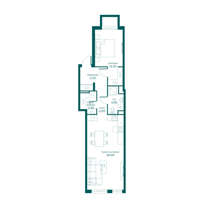 57,2 м², 2-комн. квартира, 1/6 этаж