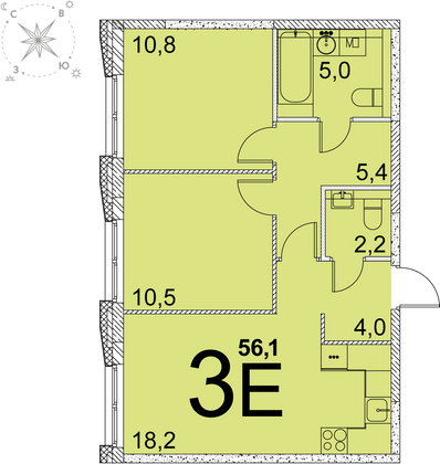 56,1 м², 2-комн. квартира, 23 этаж