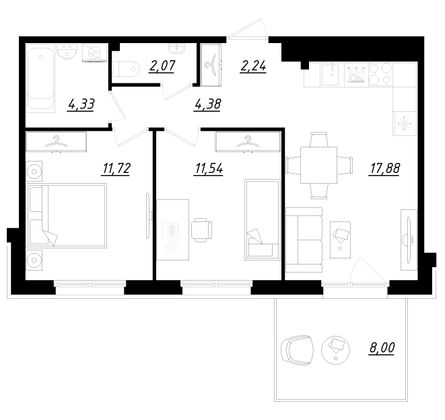 56,6 м², 2-комн. квартира, 1/5 этаж