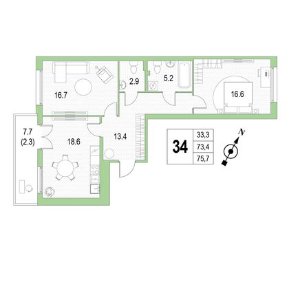 Продажа 2-комнатной квартиры 75,7 м², 4/4 этаж