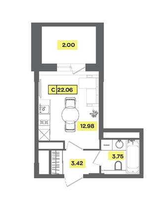 Продажа квартиры-студии 22,1 м², 6 этаж