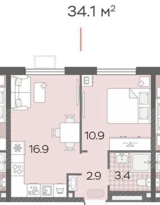 Продажа 1-комнатной квартиры 34,1 м², 9/24 этаж