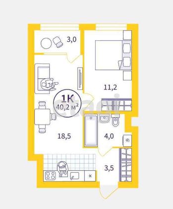 Продажа 1-комнатной квартиры 40,2 м², 3/24 этаж