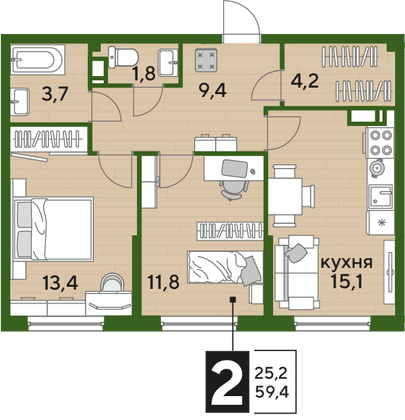 Продажа 2-комнатной квартиры 59,4 м², 14/16 этаж