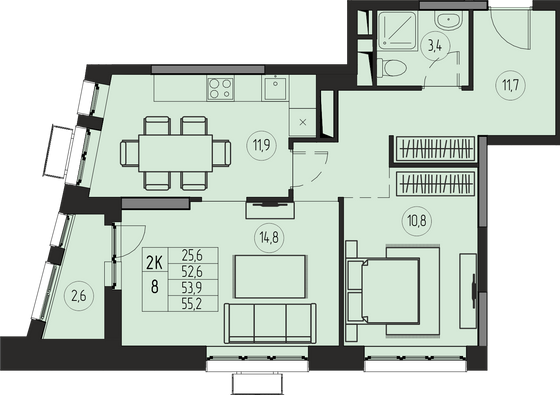 53,9 м², 2-комн. квартира, 9/21 этаж