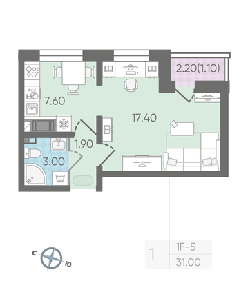 Продажа 1-комнатной квартиры 31 м², 24/25 этаж