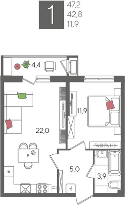 Продажа 1-комнатной квартиры 47,2 м², 2/24 этаж