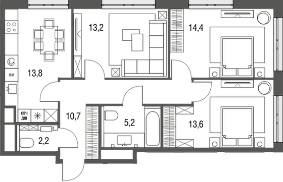 72,9 м², 3-комн. квартира, 24/25 этаж