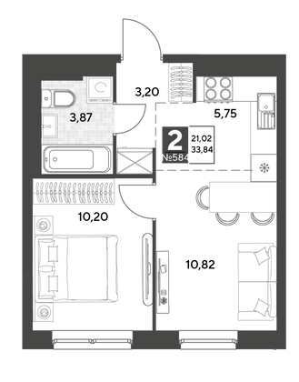 Продажа 2-комнатной квартиры 33,8 м², 3/25 этаж