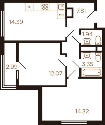 53,9 м², 2-комн. квартира, 8/8 этаж