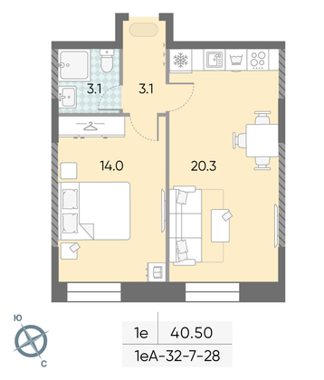 40,5 м², 1-комн. квартира, 28/28 этаж