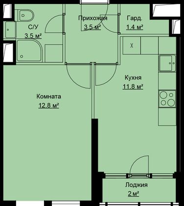 35 м², 1-комн. квартира, 16/17 этаж