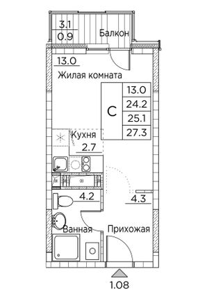 27,3 м², студия, 10/21 этаж