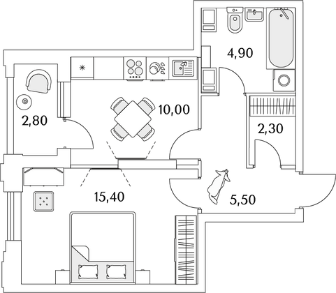 39,5 м², 1-комн. квартира, 10/13 этаж