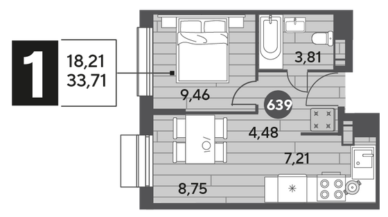 Продажа 1-комнатной квартиры 33,7 м², 13/15 этаж