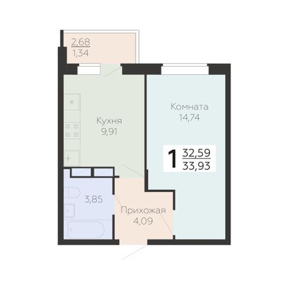 Продажа 1-комнатной квартиры 33,9 м², 6/19 этаж
