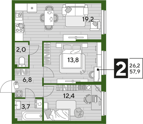Продажа 2-комнатной квартиры 57,9 м², 2/16 этаж