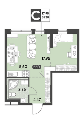 Продажа квартиры-студии 31,4 м², 1/25 этаж