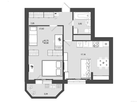Продажа 1-комнатной квартиры 46,9 м², 9/9 этаж