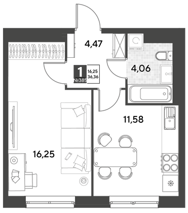 Продажа 1-комнатной квартиры 36,4 м², 2/21 этаж