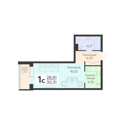 Продажа 1-комнатной квартиры 30,3 м², 2/19 этаж