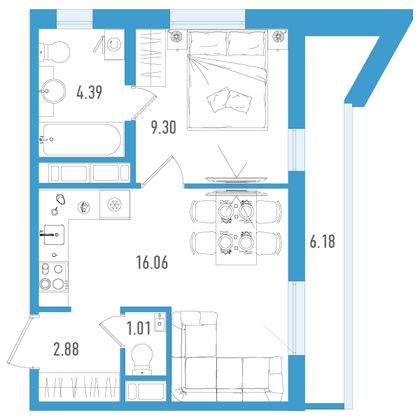 35,5 м², 1-комн. квартира, 5/7 этаж