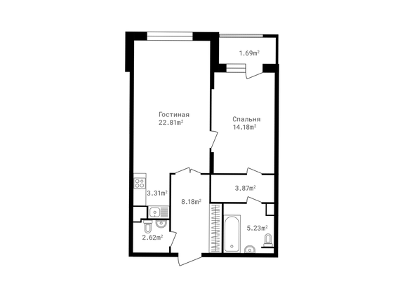 61,9 м², 2-комн. квартира, 1/4 этаж