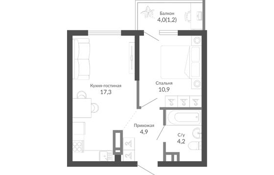 38,4 м², 1-комн. квартира, 4/23 этаж