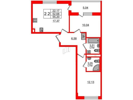 Продажа 2-комнатной квартиры 52,7 м², 3/4 этаж