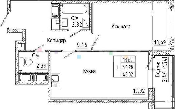 Продажа 1-комнатной квартиры 46,3 м², 6/24 этаж