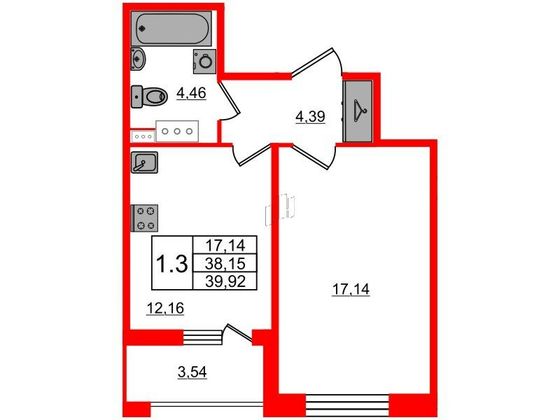 Продажа 1-комнатной квартиры 38,2 м², 12/12 этаж