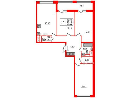 Продажа 3-комнатной квартиры 80,1 м², 2/11 этаж