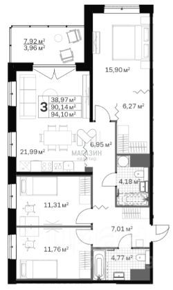 Продажа 3-комнатной квартиры 90,1 м², 2/10 этаж