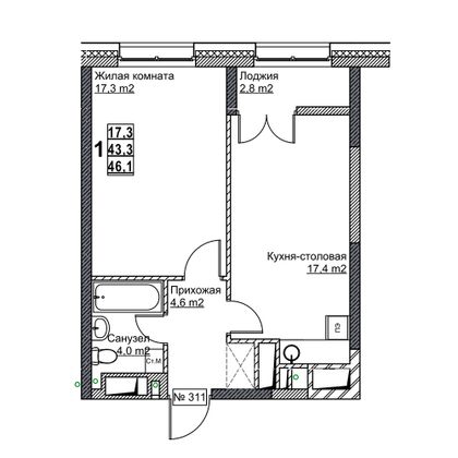 Продажа 1-комнатной квартиры 46,1 м², 23/24 этаж