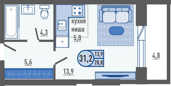 31,2 м², 1-комн. квартира, 14/21 этаж