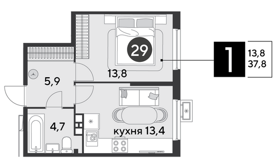 37,8 м², 1-комн. квартира, 4/18 этаж