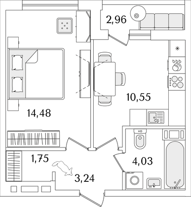 35,5 м², 1-комн. квартира, 9/17 этаж